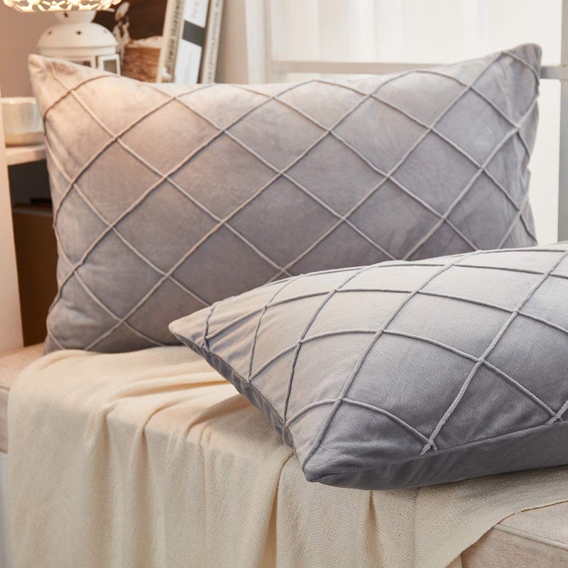 JAUXIO Diamond Pinch Pleated Crystal Velvet Pillowcases 2 Pack Solid Pintuck Throw Cushion Cover for Home Decor Hidden Zipper Closure (Light Grey, Standard) - Image 3